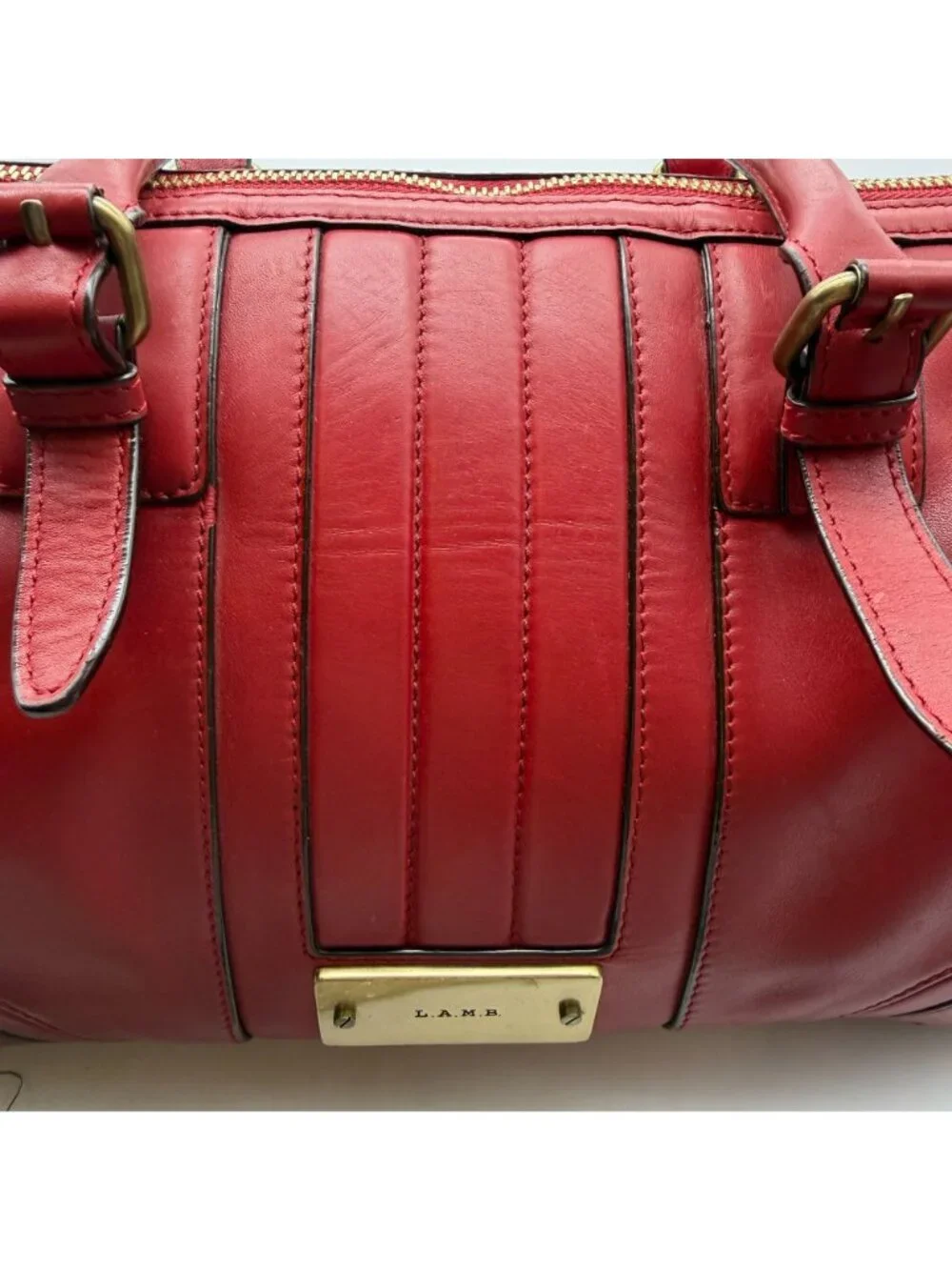 VTG LAMB red leather satchel hand bag Gwen Stefani barrel bag top handle pockets